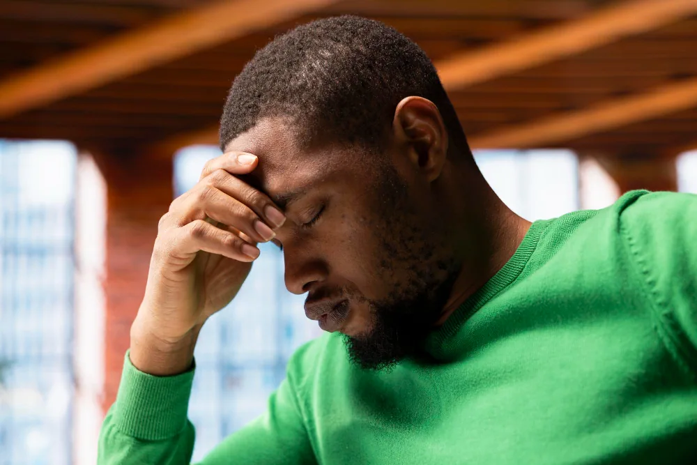 Man quietly coping with emotional distress while considering practical support and professional help