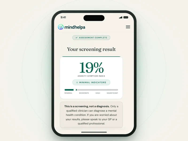Mindhelpa free screening result shown on a phone